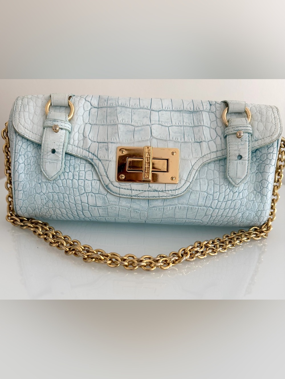 Ralph Lauren Blue Croc-Embossed Leather Shoulder Bag with Gold Premium Hardware